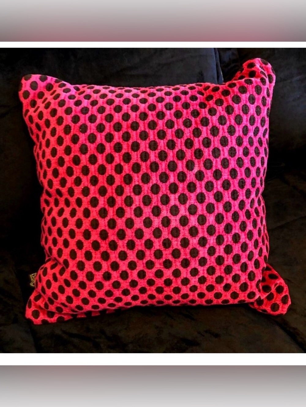 NWT BORGATA Home Accent Chenille Polka Dot Pillow 15" Square Hot Pink\Black